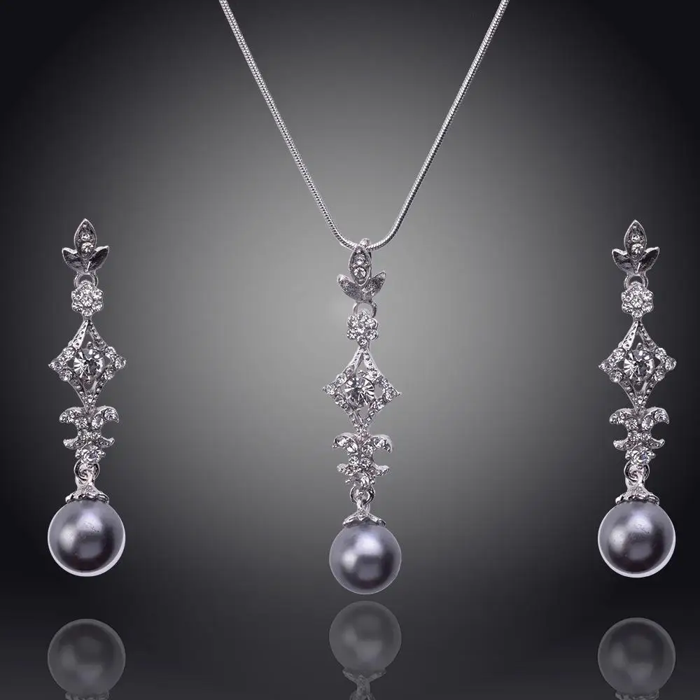 

Fashion Jewelry Sets 18k Gold Plated Crystal Pendant Necklace Earring Pearl Jewlery For Women