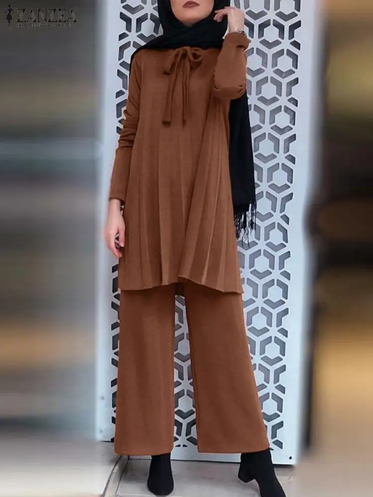 

ZANZEA Women Striped Pleats Solid Vintage Muslim Set Full Sleeve V-Neck Lace-Up Blouse Wide Leg Pant Elegant Work OL Party Suit