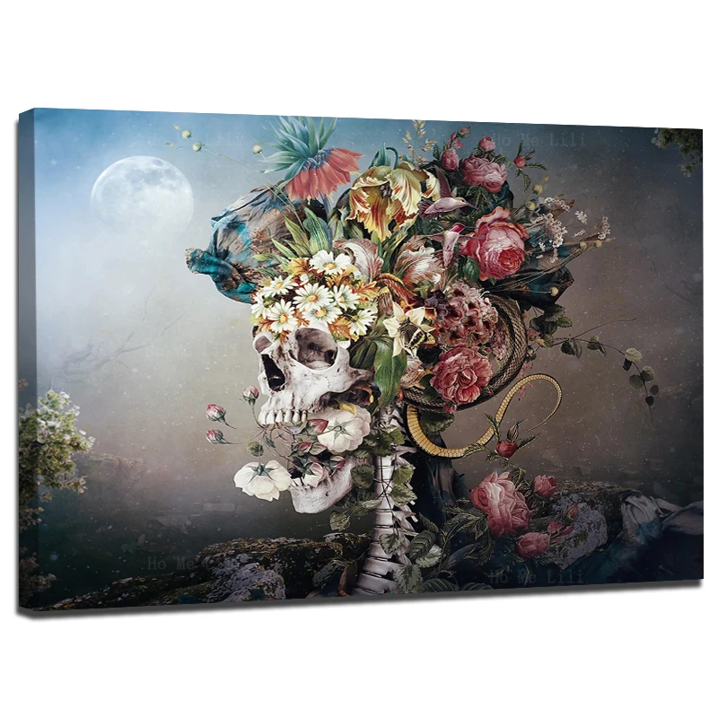 

Surrealism Death And Decay Skull Flower Snakes Colorful Floral Gothic Canvas Wall Art By Ho Me Lili For Livingroom Decor