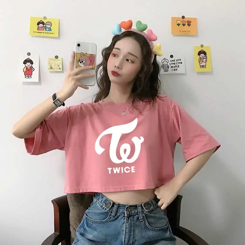 

Summer Women Crop Top White TW Twice Pattern Letter Printing Casual Loose Korean Harajuku Style Fashion Personality Female Tees
