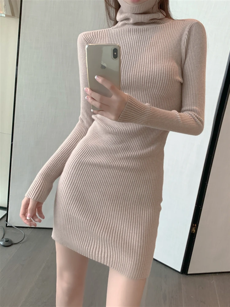

Женское трикотажное платье-свитер, элегантное плотное однотонное вязаное платье с высоким воротником в Корейском стиле, Осень-зима 2022