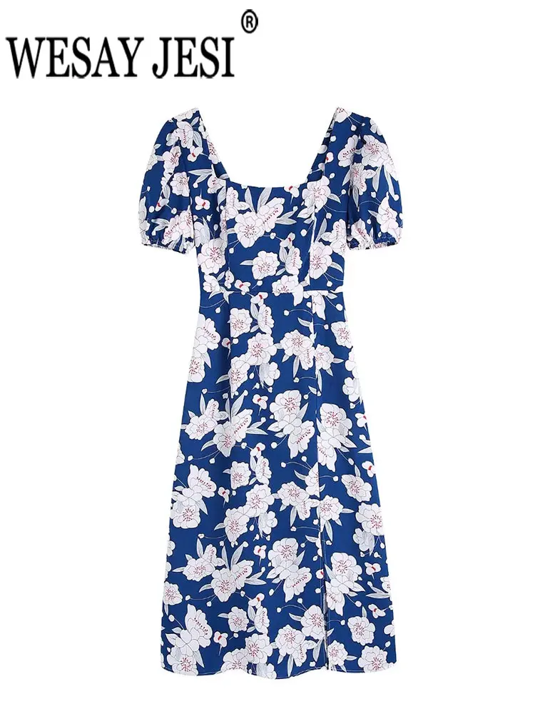 

WESAY JESI Ladies Square Neck Dress Backless Flower Ladies Casual Retro Daily Loose Street Party Beach Midi Dress Tops Clothes