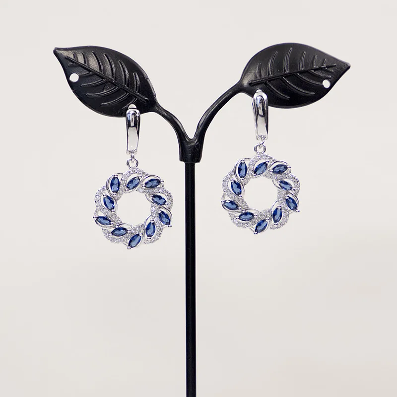 Синий камень круг серебро 925 бижутерия для женщин серьги-капли ожерелье комплект