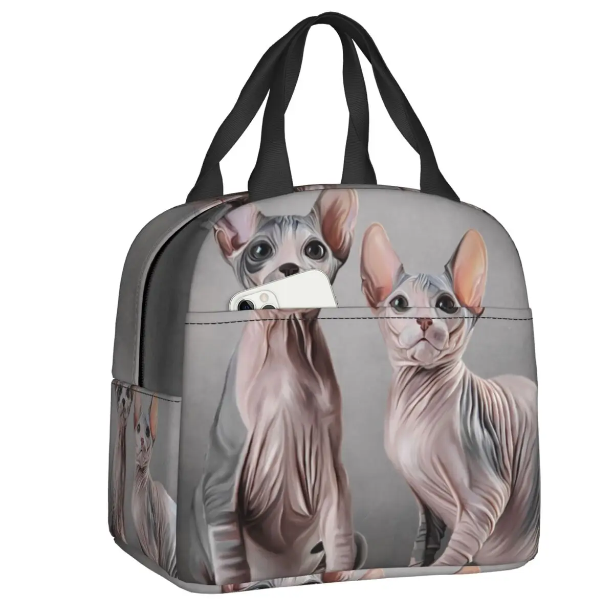 

Drawing Two Cats Sphynx Portable Lunch Box Women Waterproof Hairless Cat Thermal Cooler Food Insulated Lunch Bag School Children