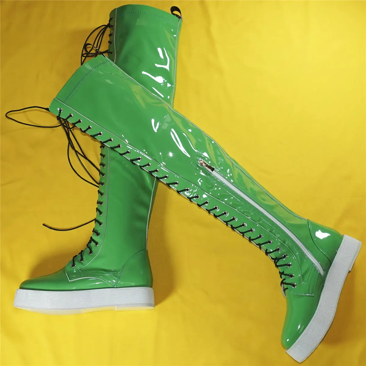 Fashion Sneakers Women Lace Up Patent Leather Over The Knee Thigh High Boots Female Round Toe Chunky Platform Pumps Casual Shoes