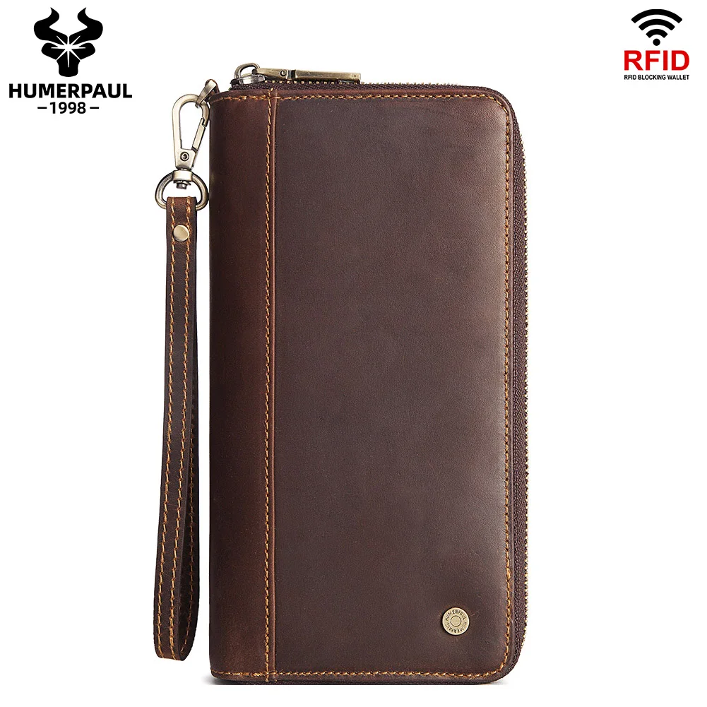 

Bussiness Men Clutch Wallets RFID Genuine Leather Card Holder Passport Cover Purse Large Capacity Wrist Walet Cell Phone Pocket