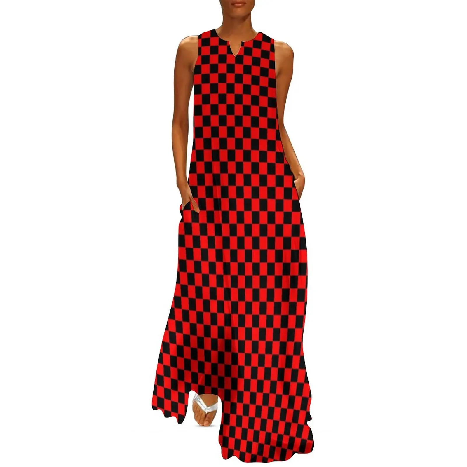 

Simple Checkerboard Dress Red and Black Checkered Vintage Maxi Dress Print Boho Beach Long Dresses Aesthetic Big Size Vestido