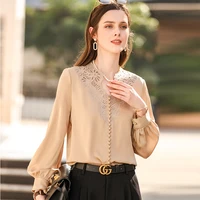 100 silk blouse women hollow out embroidery elegant design v neck long sleeve shirt women casual new fashion