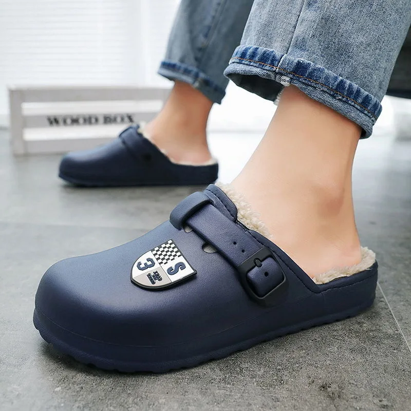 

WEH men slippers winter loafer Waterproof Mules Clogs Warm Fluffy Cotton Indoor Shoes house Slippers Square men keep warm shoes