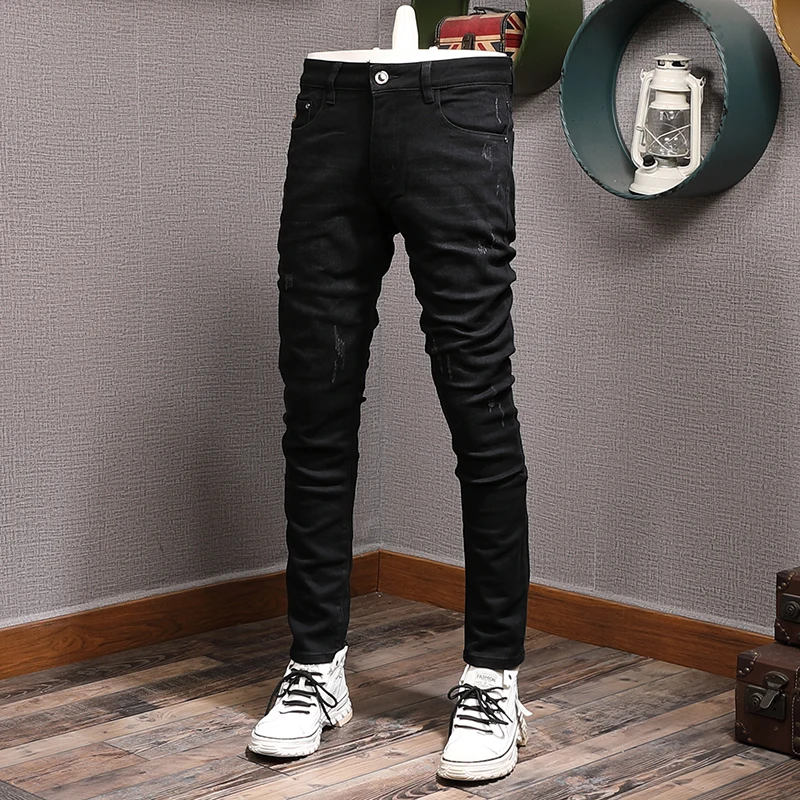 Korean Style Fashion Men Jeans High Quality Black Stretch Slim Fit Ripped Jeans Men Elastic Vintage Designer Denim Pants Hombre