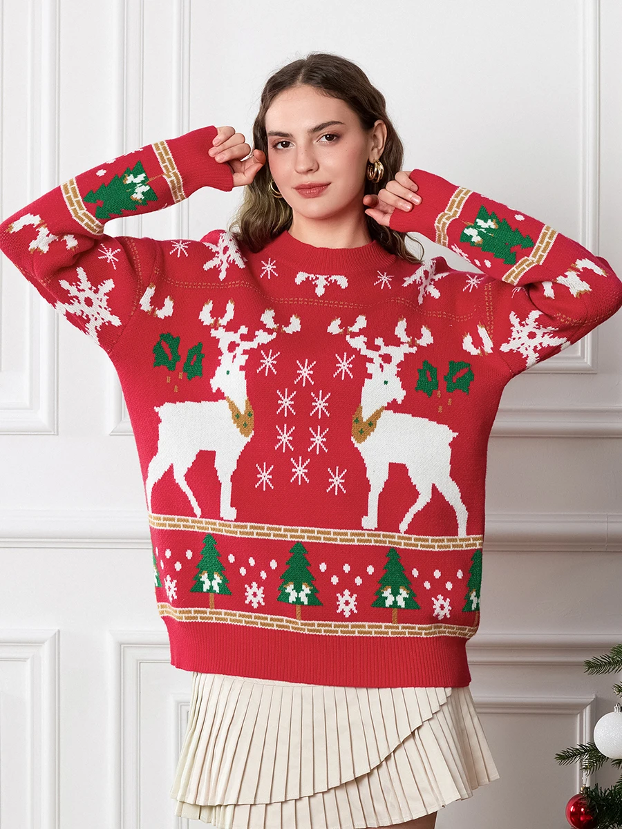 Женский рождественский свитер с принтом лося снежинки рождественской елки