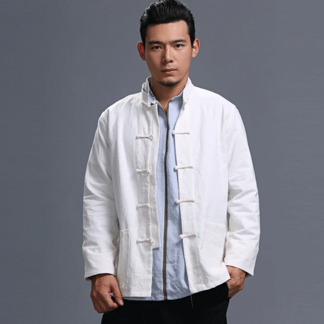 

2021 New Mafan Cloth Men's Wear Solid Color Stand Collar Long Sleeve Hemp Cotton Disc Button Shirt Loose Style National Style