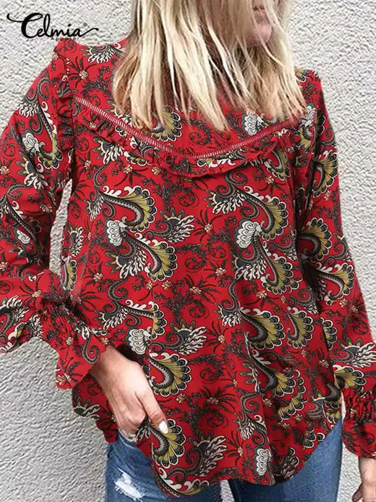 

Повседневная Блузка Celmia с цветочным принтом, модная туника с манжетами, женский топ с длинными рукавами-фонариками, винтажные блузки 2022 с пр...
