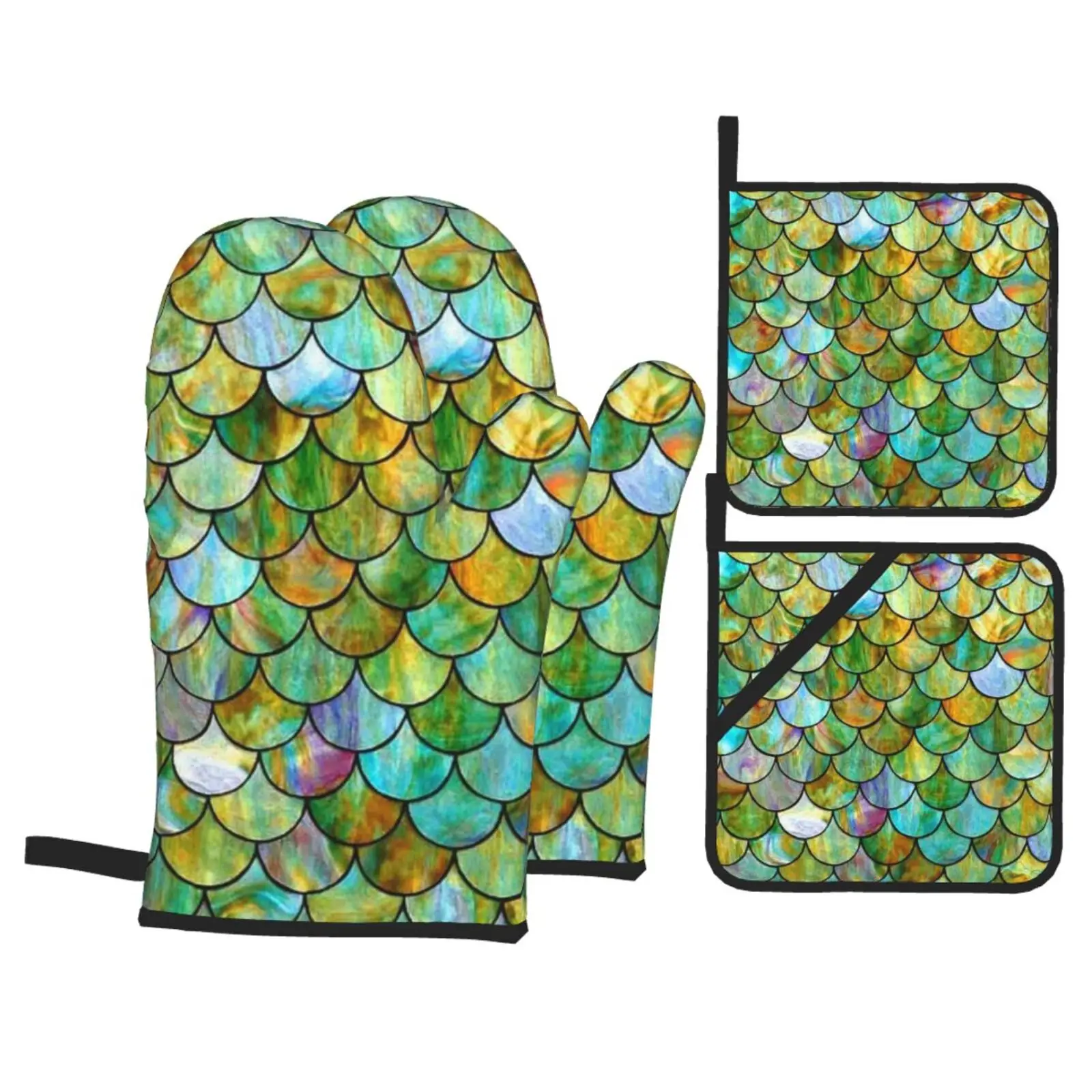 

Американские плотные изолированные перчатки для микроволновой печи защитные перчатки для выпечки зеленые чешуя Русалки морская тематика ...