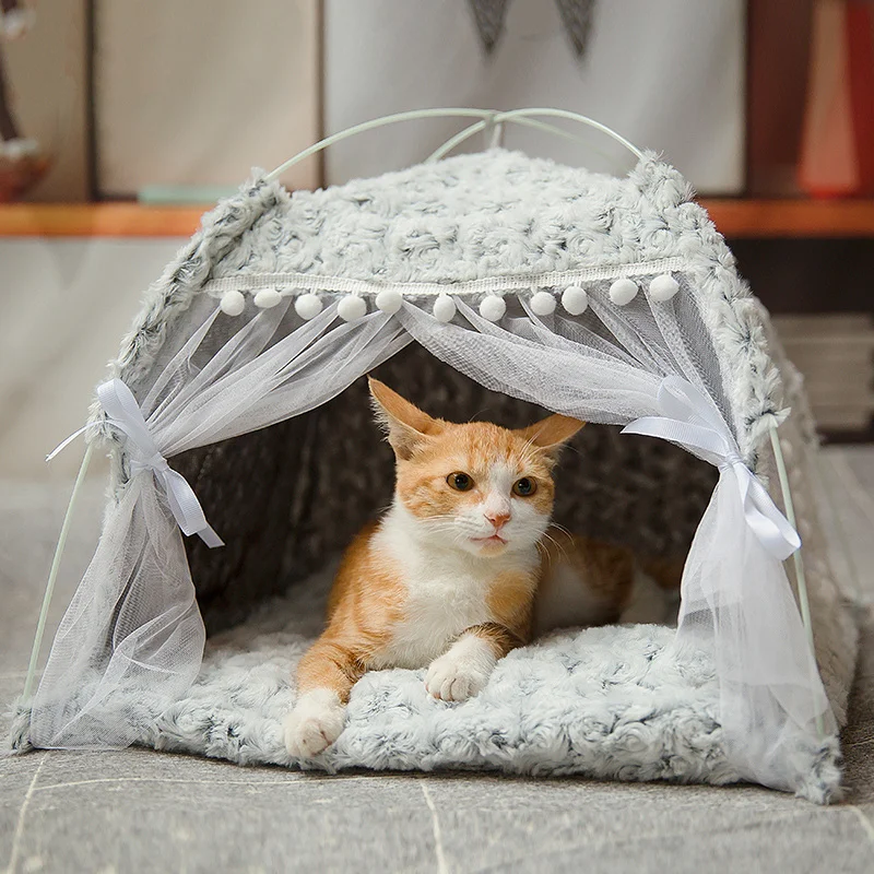 

Cute Kitten Basket Bed Pet Foldable Beds Cushion Products Sweet Dog Houses Kennel Bed Cats Princess Tent Home Cat Dog House Cat