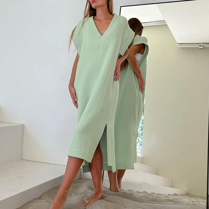 

Simple Vintage Solid Cotton Linen Long Dress New Spring Deep V Neck Side Split Maxi Dress Women Short Sleeve Summer Office Dress