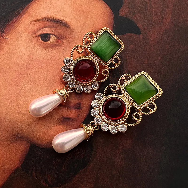 

baroque Pearl earrings for women vintage medieval personality high-end green retro court opal banquet jewelry