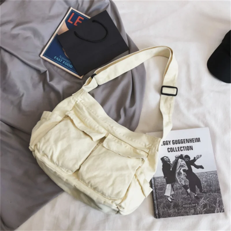 Retro Multi Pockets Canvas Handbag Male Teenager Student Over Large Street Hip Hop Zipper Messenger Bag Female Crossbody Bag
