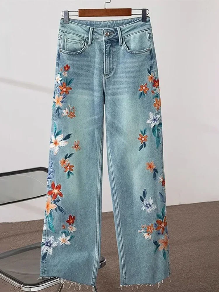 Женские узкие джинсы с вышивкой универсальные прямые широкие брюки в