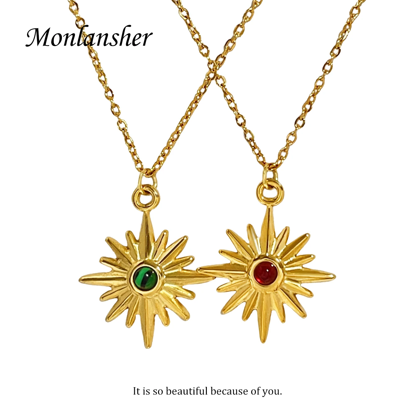 

Monlansher Vintage Green Red Stone Radiation Star Pendant Necklace Gold Color Stainless Steel Chain Necklaces Jewelry for Women