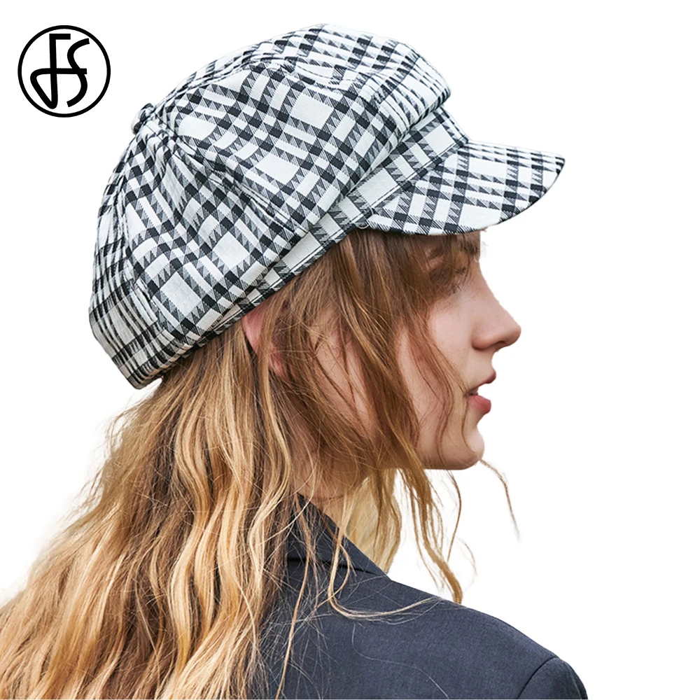 

Женская кепка-берет FS, черная или белая клетчатая ретро-Кепка с рисунком, на осень/зиму,