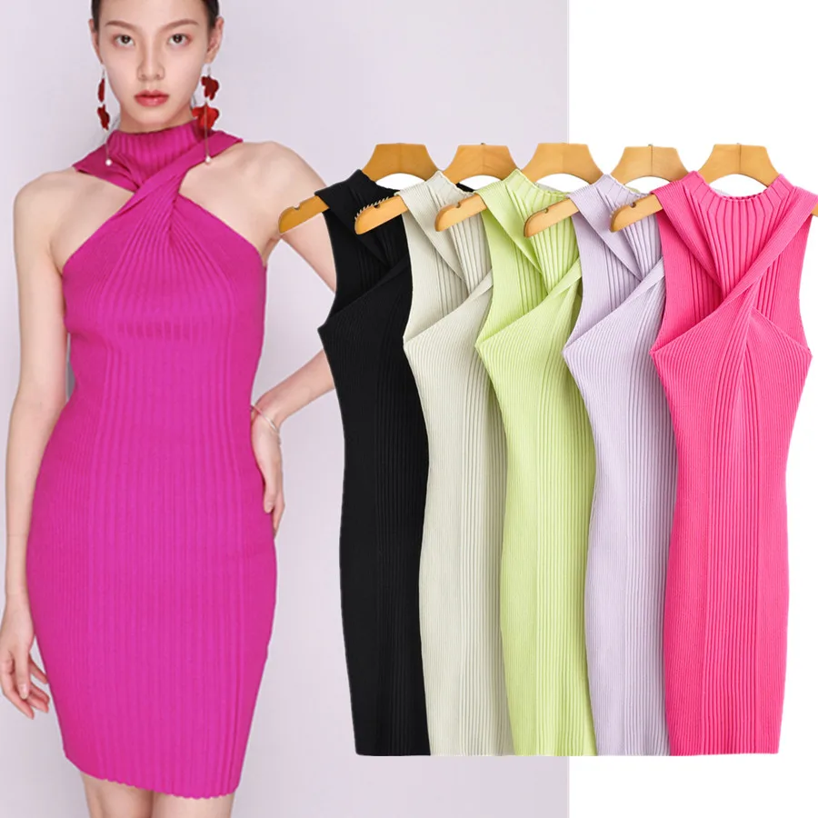 

Elmsk Ins Fashion Blogger High Street Vintage Bow Off Shoulder Halter Summer Sexy Knitted Sheath Casual Mini Dress Women