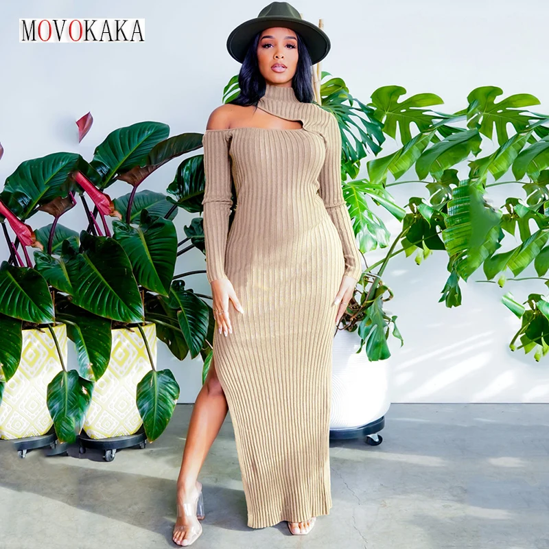 

MOVOKAKA Autumn Winter Turtleneck Long Sleeve Dress Women Sexy Split Off Shoulder Dresses Party Elegant Casual Long Dress Women