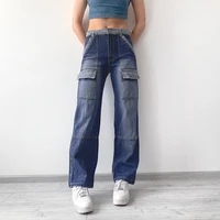weiyao hig street pockets patchwork denim cargo jeans women straight leg streetwear vintage mom jeans womens aesthetic blue