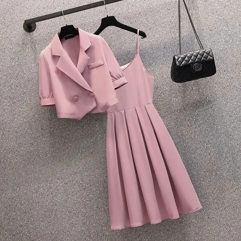 2023 Summer Korean Style Short Sleeve Slim Fit Jacket Blazer Strap Dress Two Piece Elegant Women's Party Dress Office Outfits