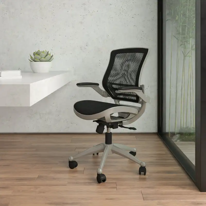 

Mid-Back Transparent Black Mesh Executive Swivel Office Chair with Graphite Silver Frame and Flip- Arms