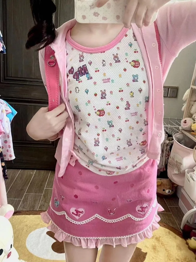 Японская розовая Милая плиссированная юбка с бантом и мультяшным Кроликом