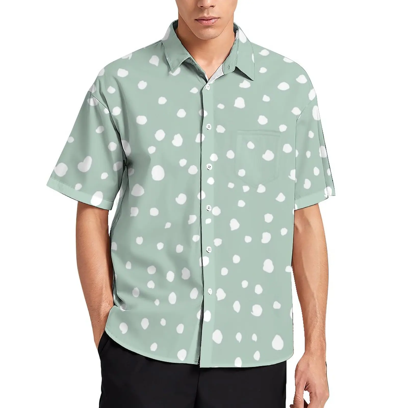 

Dalmatian Spots Loose Shirt Man Beach White Dots Print Casual Shirts Hawaii Pattern Short-Sleeve Stylish Oversize Blouses