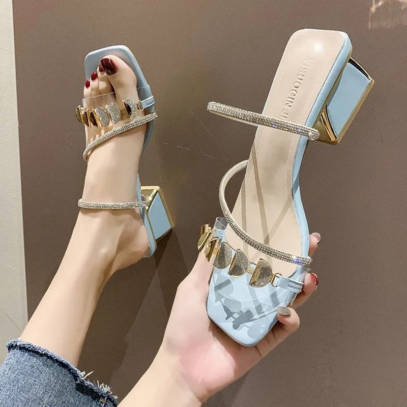 

Women Transparent Slippers Fashion Crystal Shoes Summer Open Toe Chunky Heels Rhinestone Nice Slides White Blue Eu Size 34-40