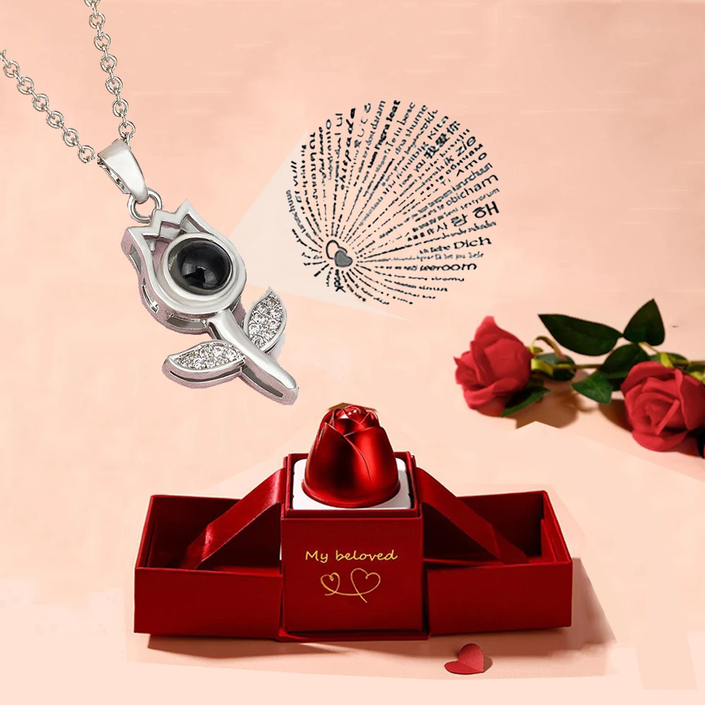 

Projection Necklace With Rose Flower Gift Box 100 Languages I Love You Pendant Exquisite Jewelry 2022 New Accessories Wholesale