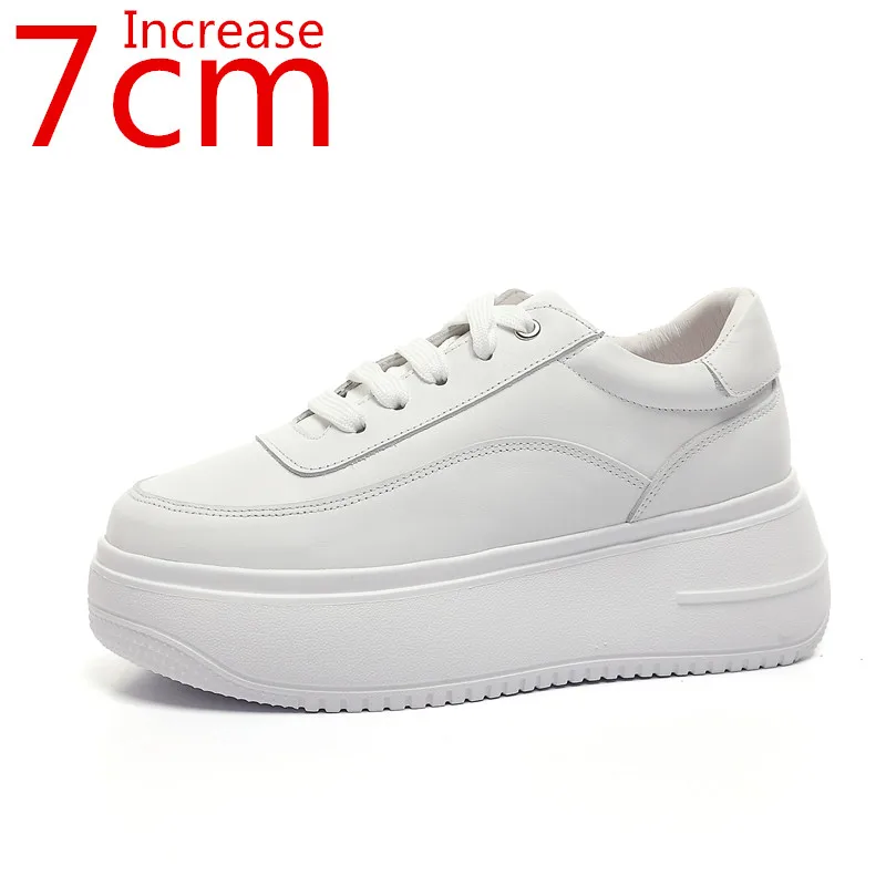 

European Style Sneakers Thick-soled White Shoes Women's Leather Breathable Wild Casual Increased 7 Cm Sponge Cake Elevator Shoes