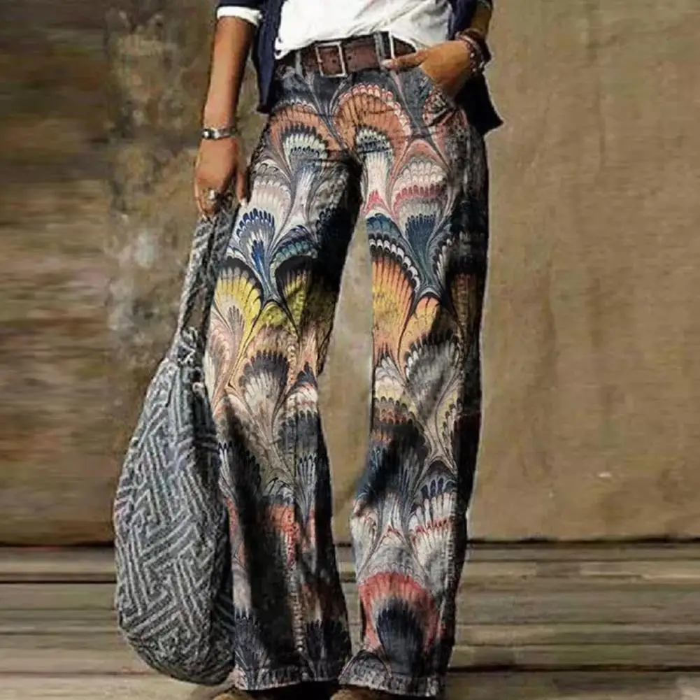 

Summer Women Trousers High Waist Pockets without Belt Printing Straight Wide Leg Casual Pants Loose Ladies Clothing