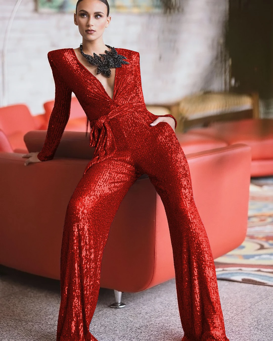 2022 Women Winter Fashion Sexy Long Sleeve Deep V Neck Glitter Red Sequins Bodycon Jumpsuit Celebrity Designer Bodycon Rompers