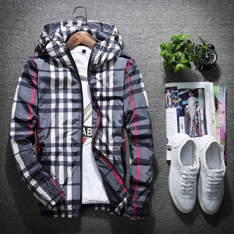 

Plaid Jacket Men Fashion Brand Hooded Slim Windbreaker Spring Autumn Mens Jacket Coat Hip Hop Street Harajuku Casual Men's Coats
