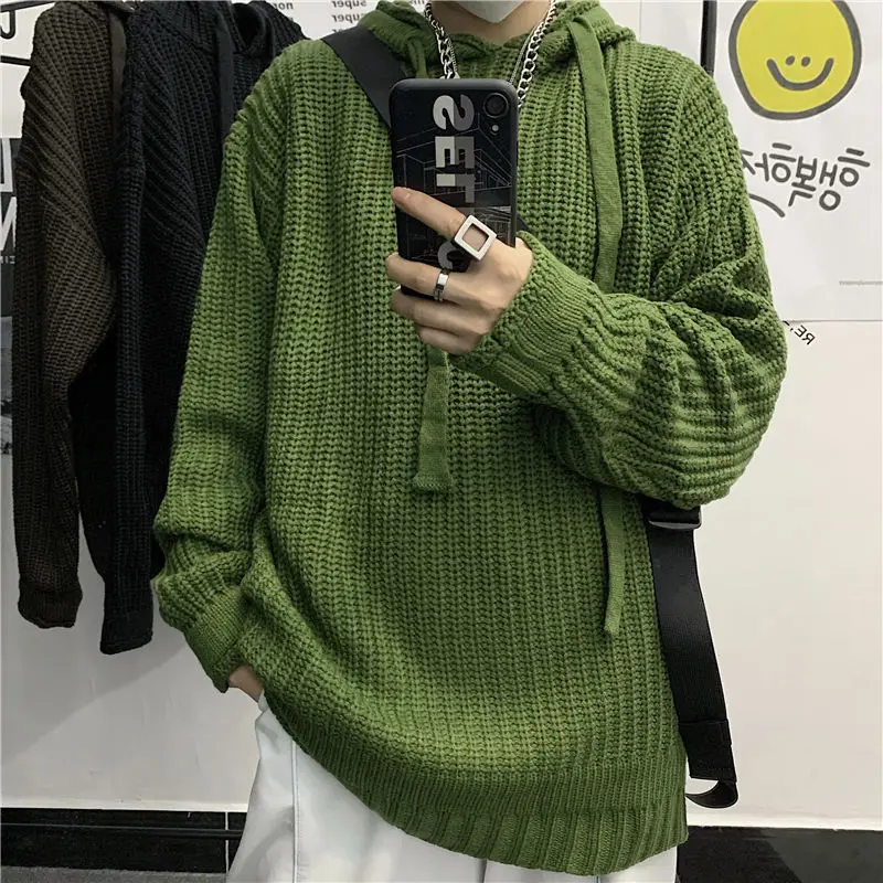

Зимний плотный свитер с капюшоном, теплый Модный повседневный винтажный вязаный пуловер, Свободный Мужской свитер в Корейском стиле
