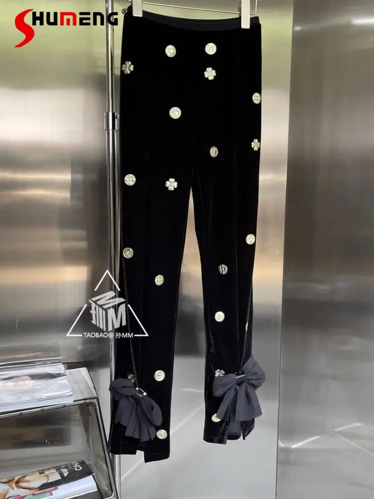 High-End French Style Black Trousers Female 2022 Autumn New Court Style High Waist Bow Slit Black Velvet Base Pants for Women