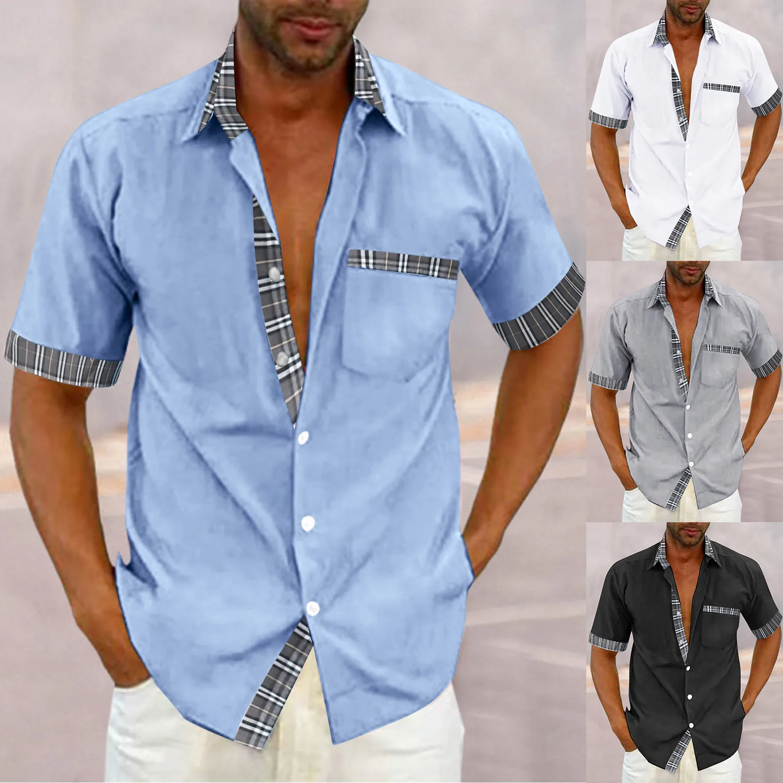 

Mens Fashion Casual Cotton And Linen Buckle Pocket Stitching Plaid Short Sleeve Shirt Jacket Combat Top