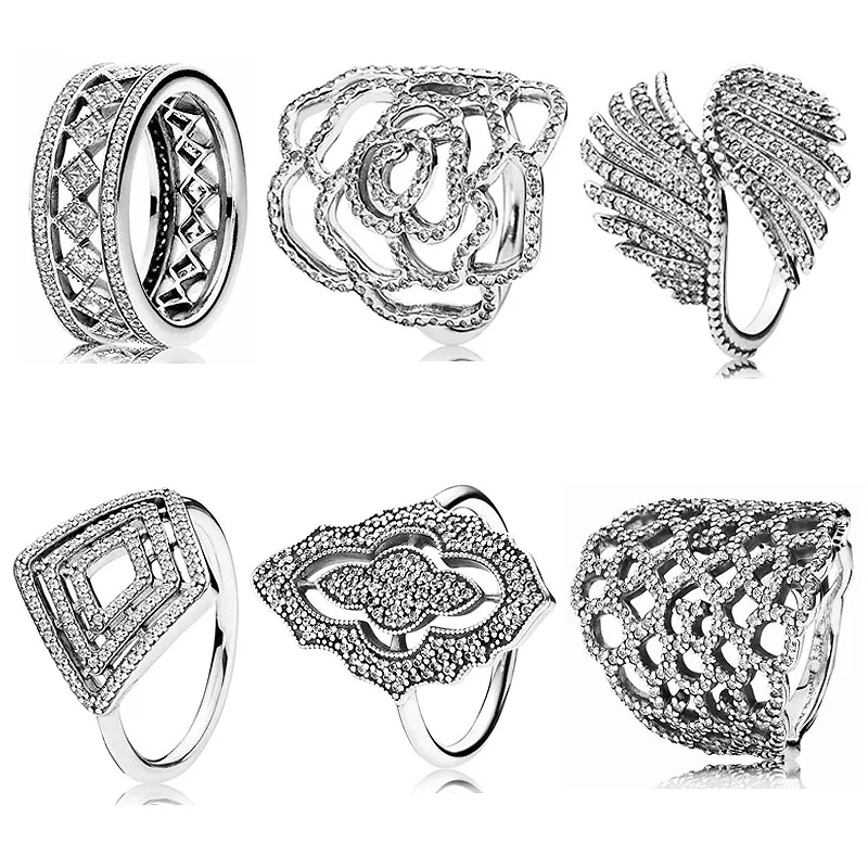 

New 925 Sterling Silver Popular Ring Shimmering Lace Majestic Feathers Wild Rose Flower Fascination Ring For Women Jewelry Gift