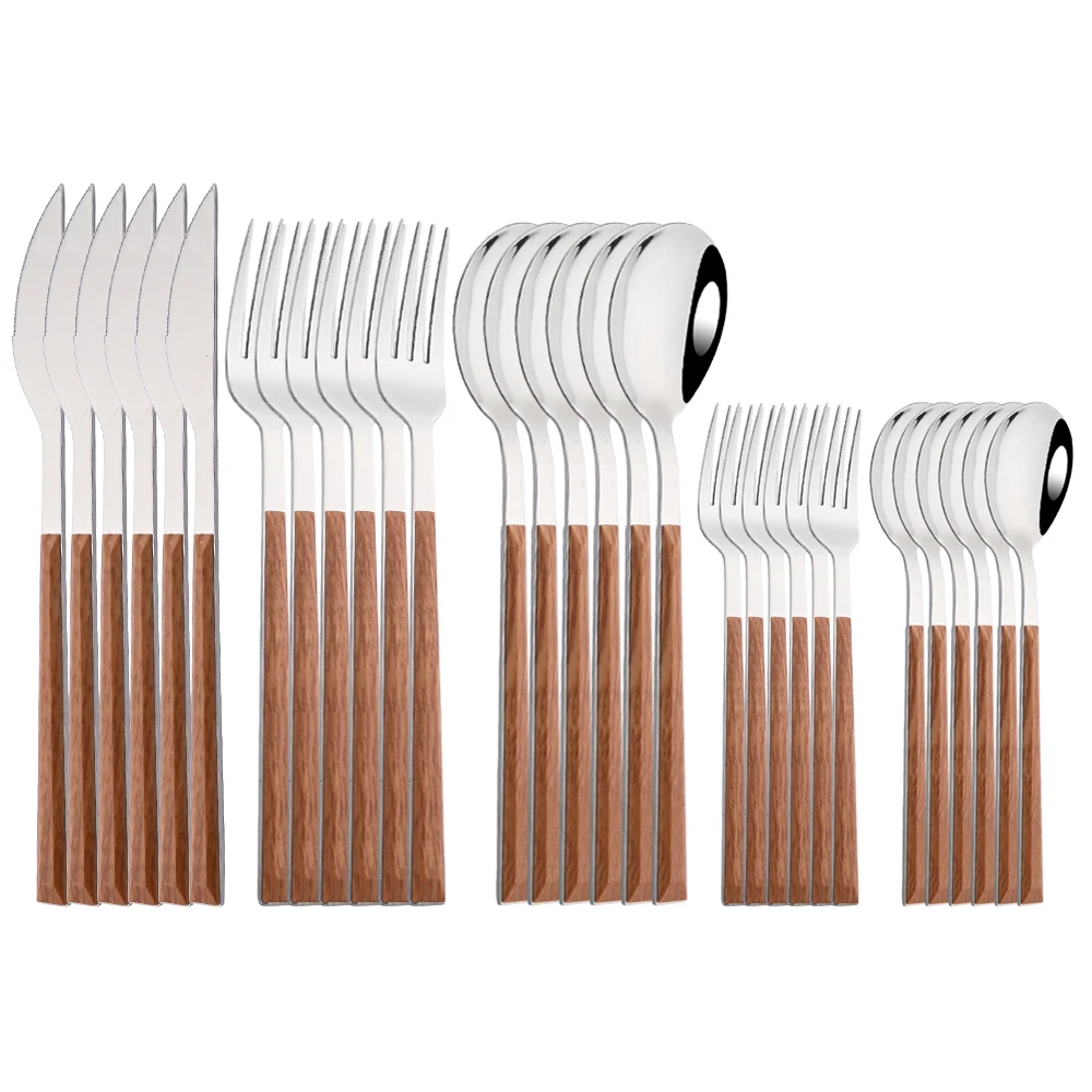 

Silver Stainless Steel Dinnerware Cutlery Set Flatware Imitation Wooden Handle Tableware Knife Fork Tea Spoon Travel Silverware