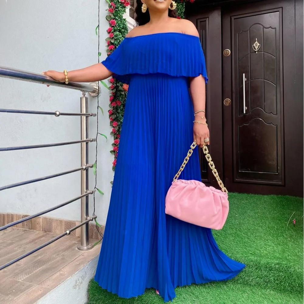 

Evening Party Dress For Women Gowns Summer New Sexy Off Shoulder Wrap Chest Pleated Dress Robes Africa Clothes Vestidos Elegant