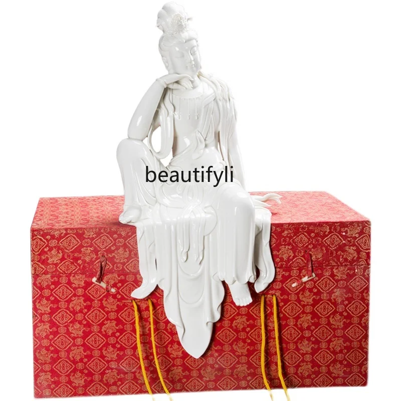 

zq Ceramic Handmade Free Guanyin Buddha Statue Chinese Style Zen Decoration Living Room Study Gift Box