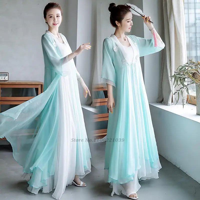 

2023 chinese traditional hanfu set oriental national chiffon dress+tanks elegant women chinese style clothing two piece set