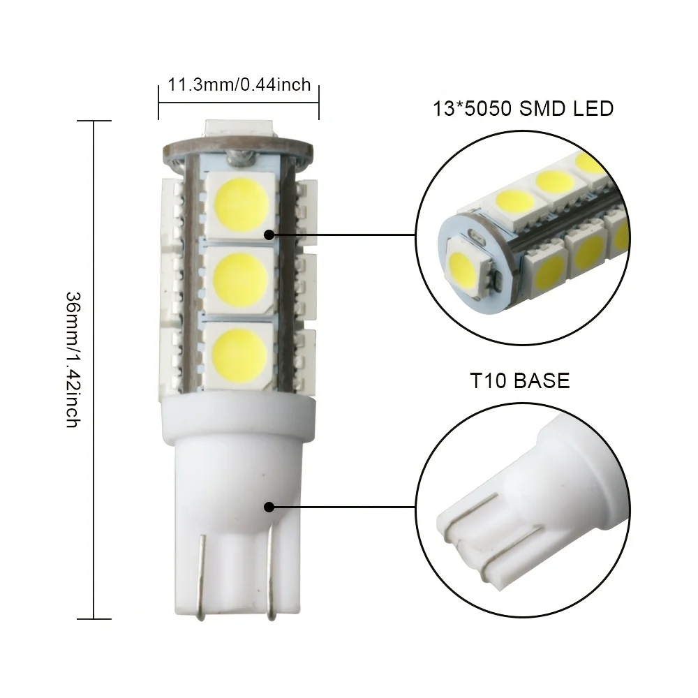 Фото Комплект из 2 автомобильных ламп T10 W5W 194, сигнальные огни, 13 SMD 5050 LED, для салона, купольные, для чтения, боковые, для багажника, 12В №3