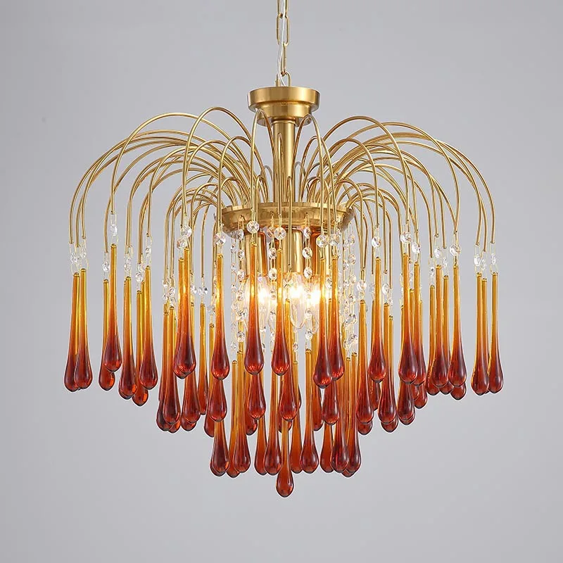 

French Traditional Crystal Chandelier Pendant Lights Luxury Amber Water Drop Chandelier for Home Decor Warm Dining Room Lamps