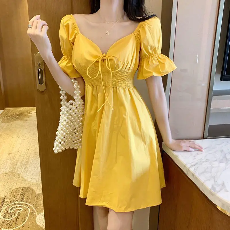 

Temperament bubble sleeve FAIRY DRESS high waist show thin V-neck lace up solid A-line dress short skirt new fashion women wear