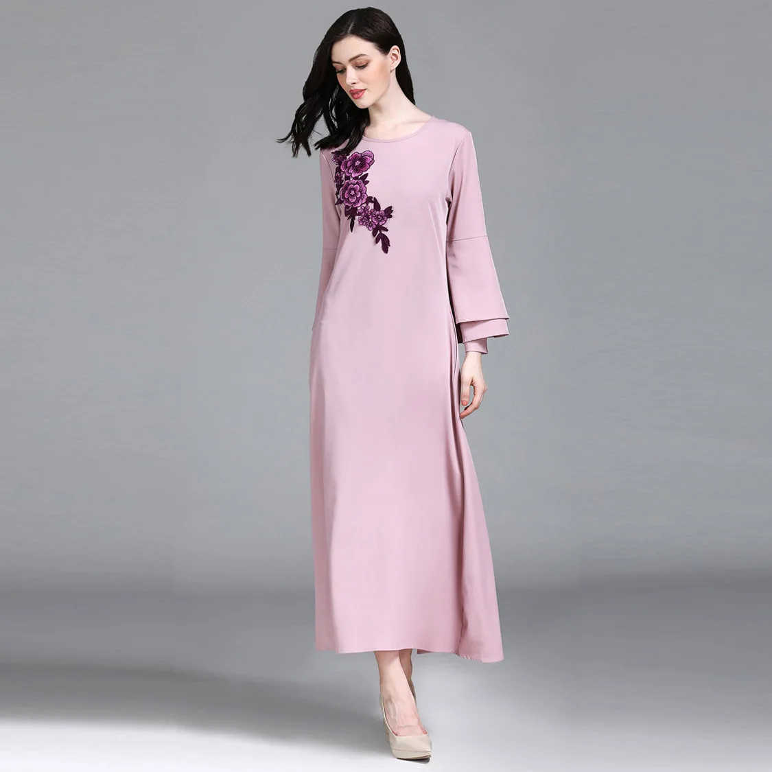 

YIZZHOY Spring Autumn New Women Chic Embroidery Solid Color Round Neck Casual Dress Fashion Long Sleeve Angle Length Dresses